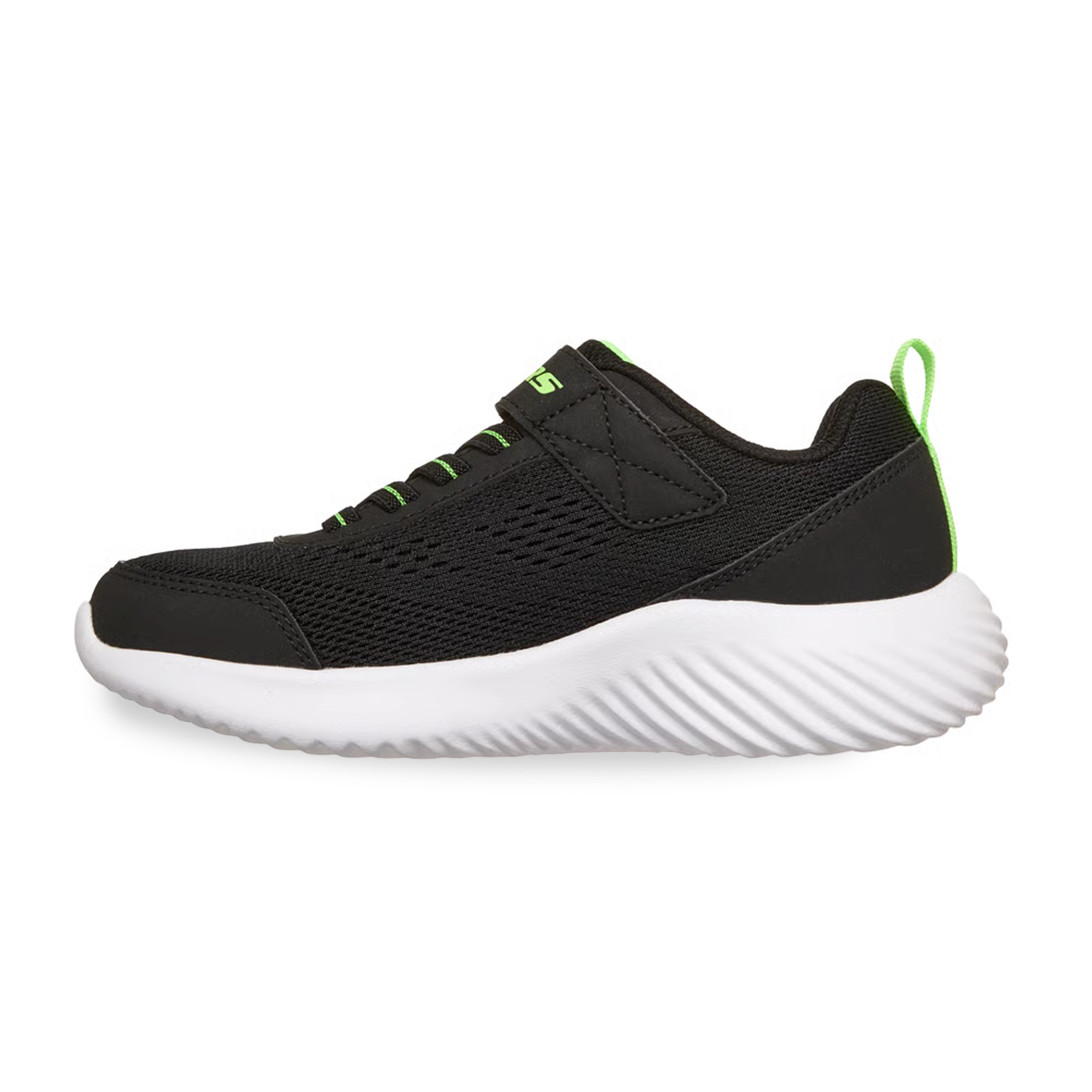 Tênis Skechers Bounder infantil preto e verde neon visto de lado com solado branco
